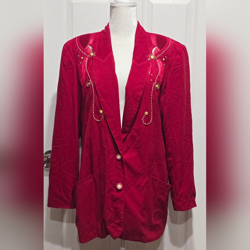 Vintage 80s City Girl Sport Red Retro Western Blazer Jacket with Gold Accents